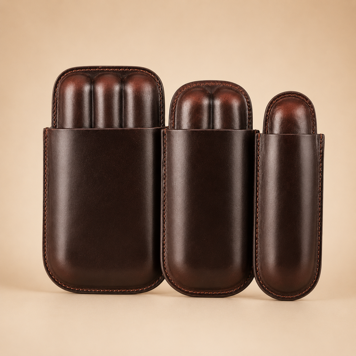 Leather cigar case shown open with adjustable cigar slots