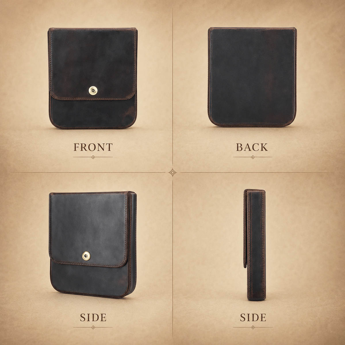 Close-up of fisheye magnetic buckle on a leather cigar case