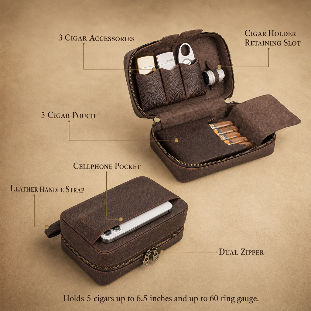 Leather Cigar Travel Case, Full Grain Leather 5 Cigar Humidor Tigre X Studio