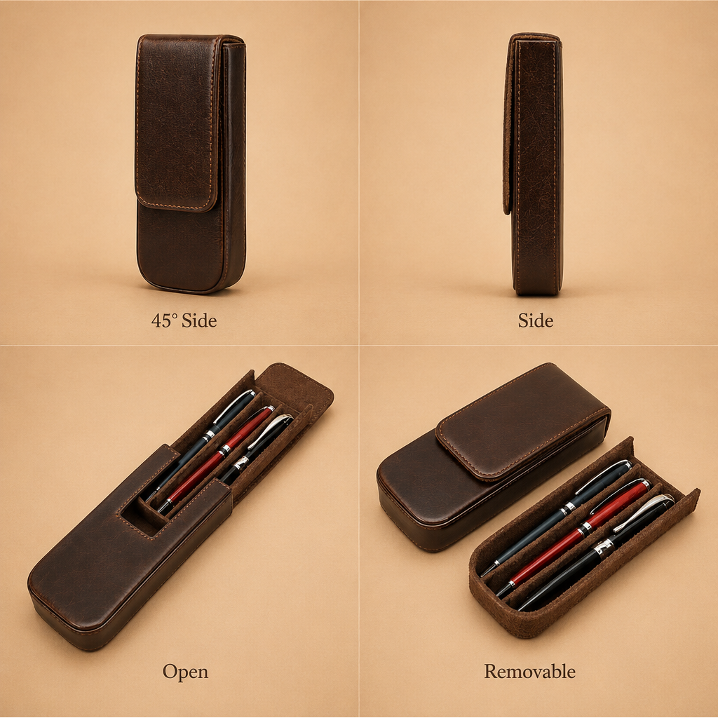 Custom engraving detail on a leather pen case