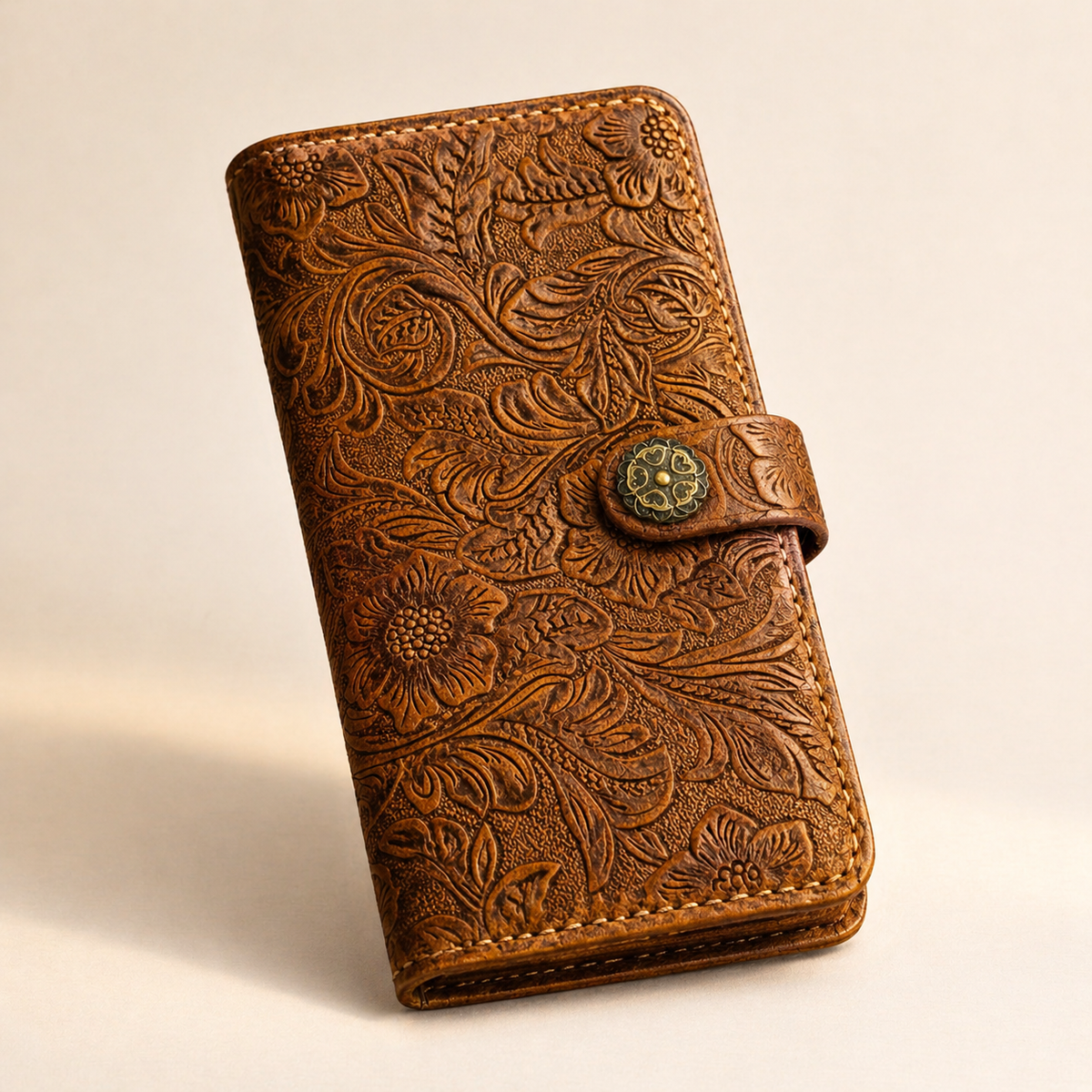 Floral leather iPhone wallet case, full-grain handcrafted