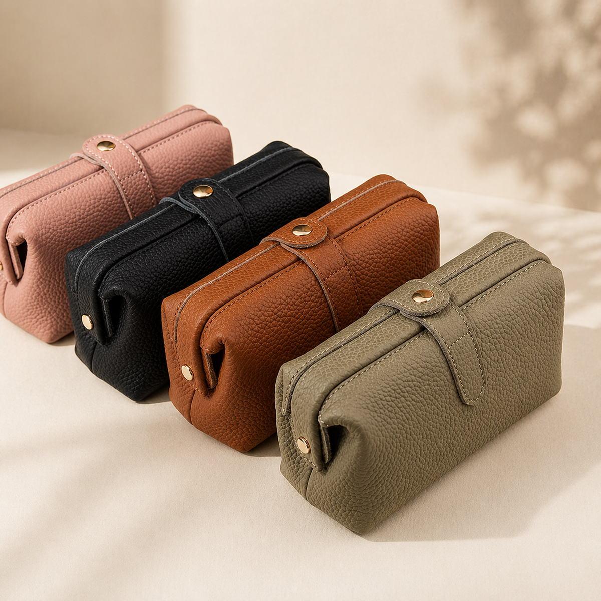 Leather makeup bag shown open with water-resistant lining