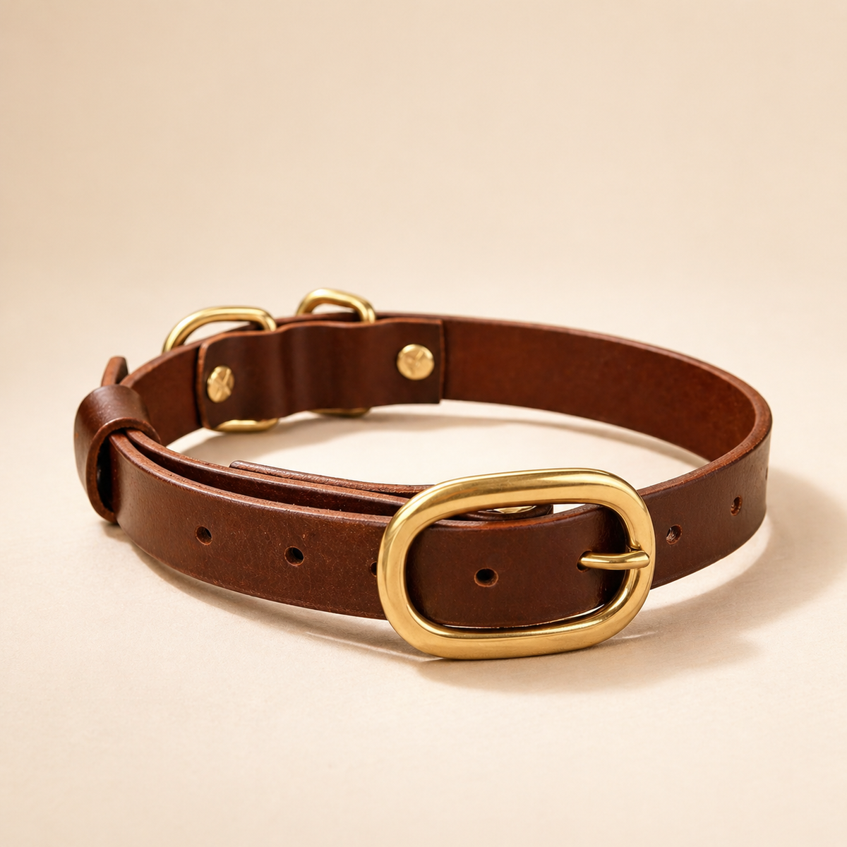 Leather dog collar and leash set, full-grain, solid brass hardware