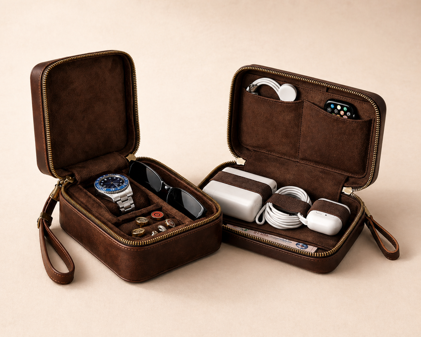 Brown travel case with compartments for electronic devices on a beige background