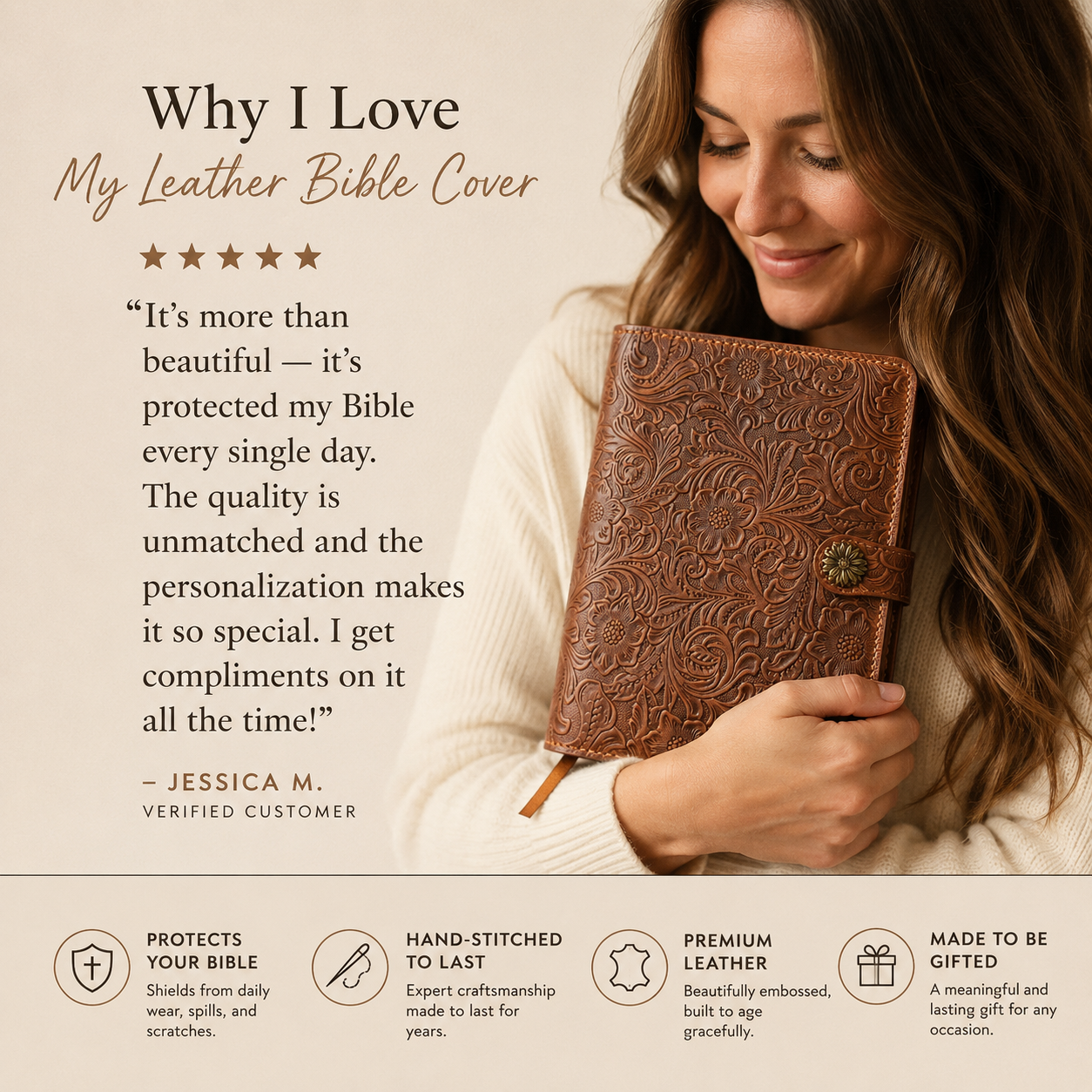 Purple leather Bible cover personalized with custom name, hand-stitched full-grain leather