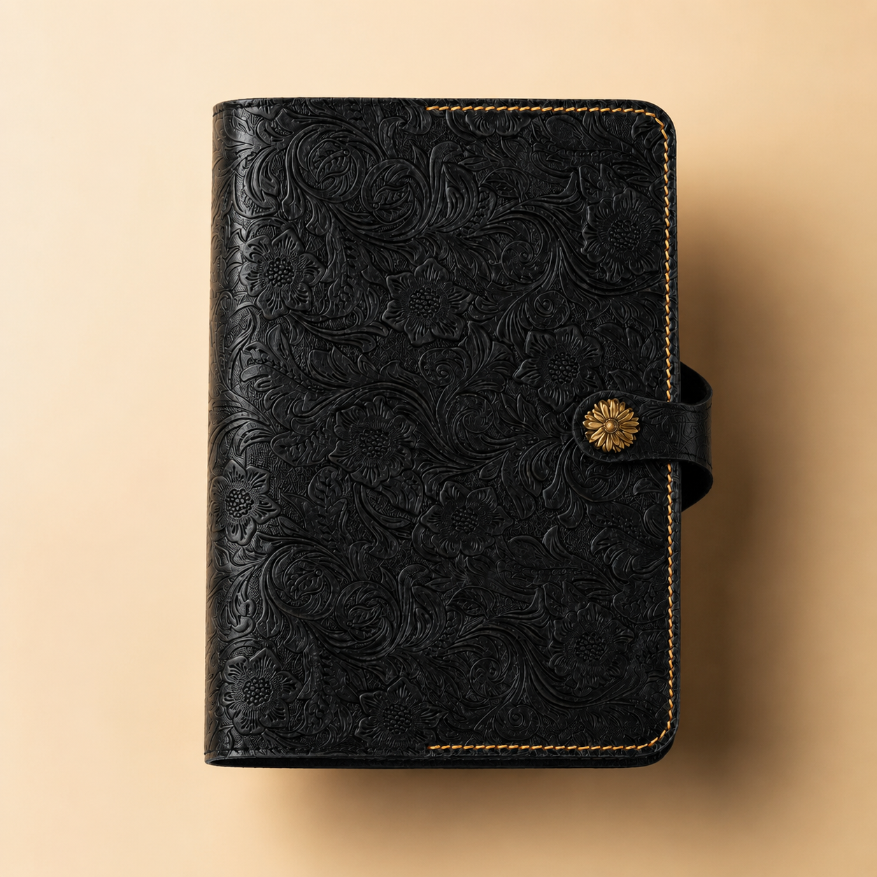 Black floral leather Bible cover, additional product view