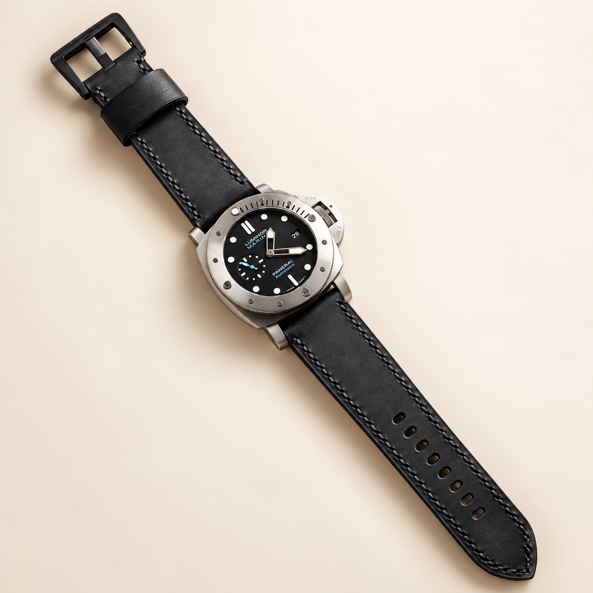 Black Hand-Stitched Leather Watch Band – 20mm, 22mm, 24mm & 26mm