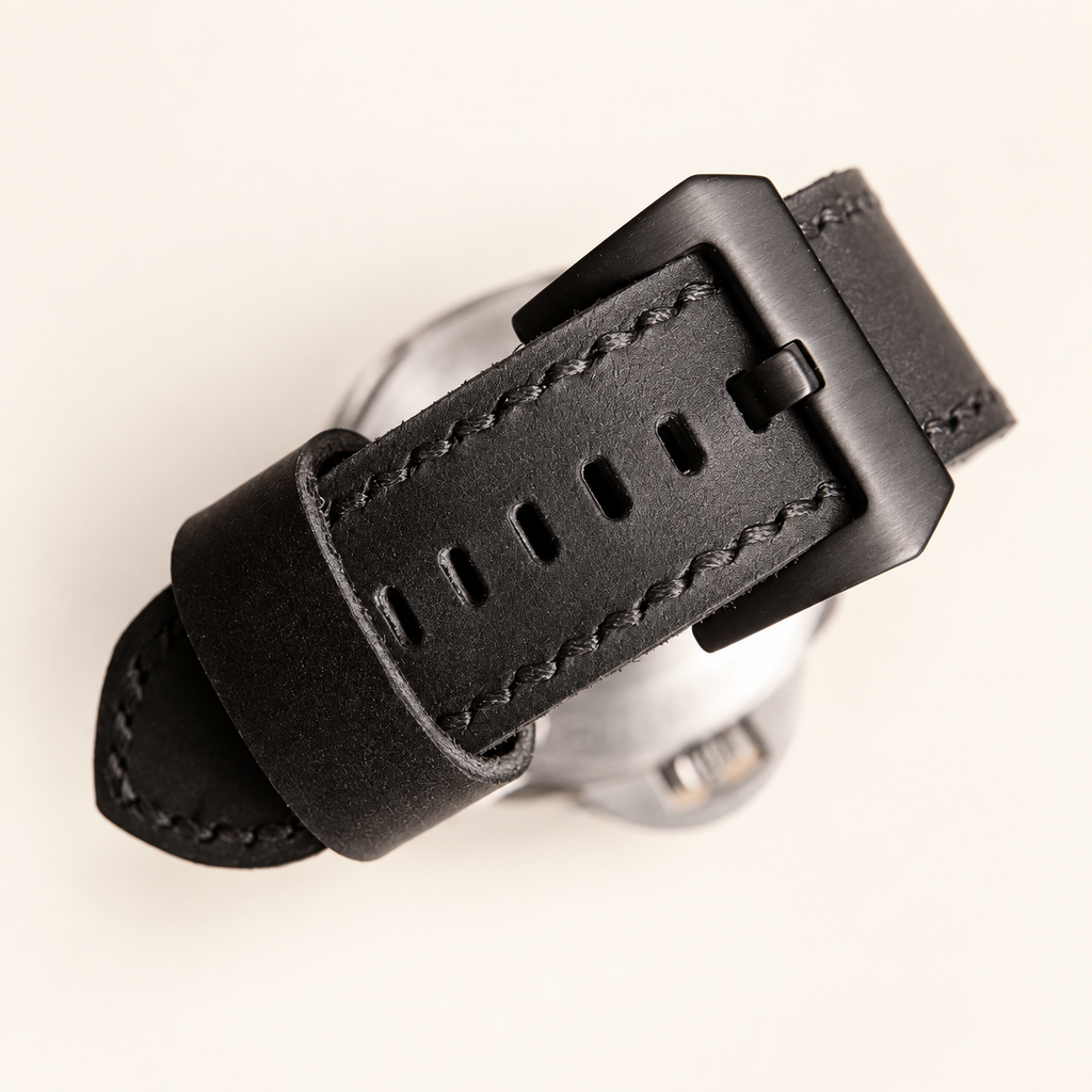 Black leather watch band fitted on a watch, wrist view