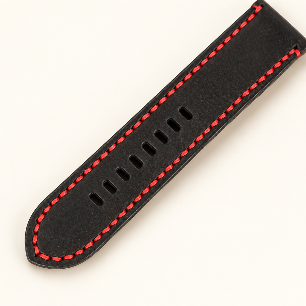 Hand-stitched detail on black oil-tanned leather watch band