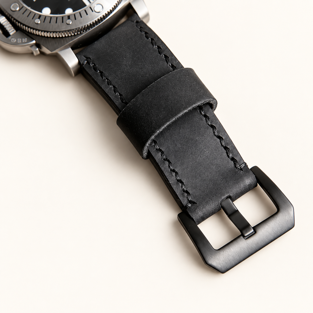 Black leather watch band with stainless steel buckle, close-up
