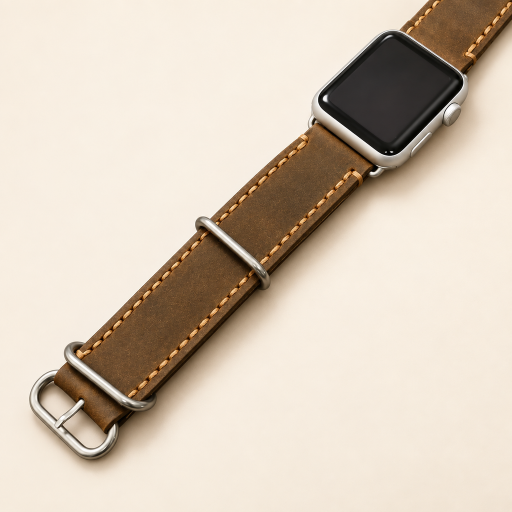 Leather Apple Watch band worn on wrist