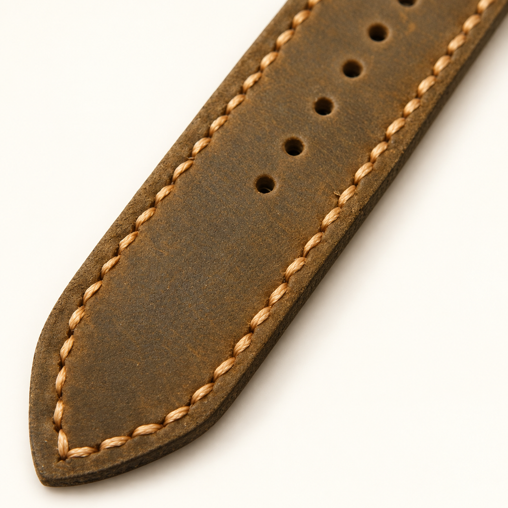Hand-stitched leather Apple Watch band, close-up detail