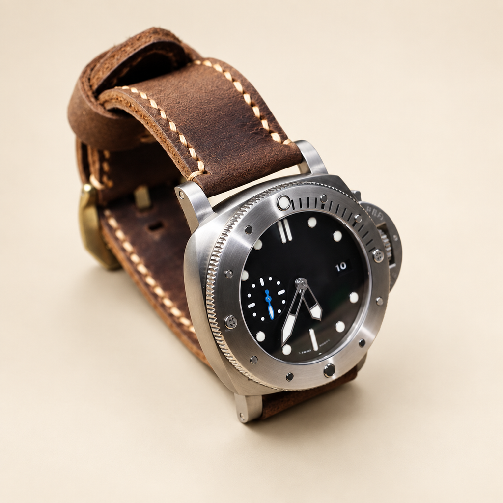 Leather watch strap fitted on a large watch case, wrist view