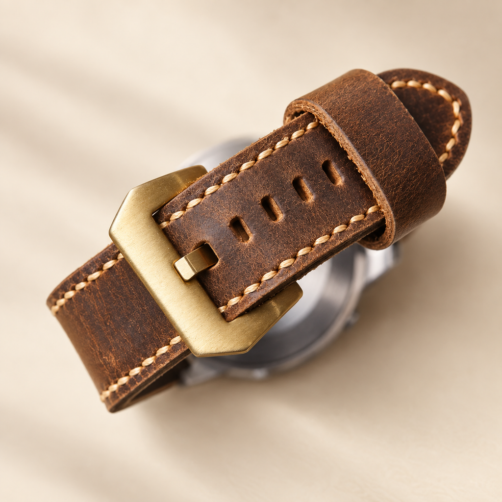 Hand-stitched leather watch strap with brass buckle, close-up detail