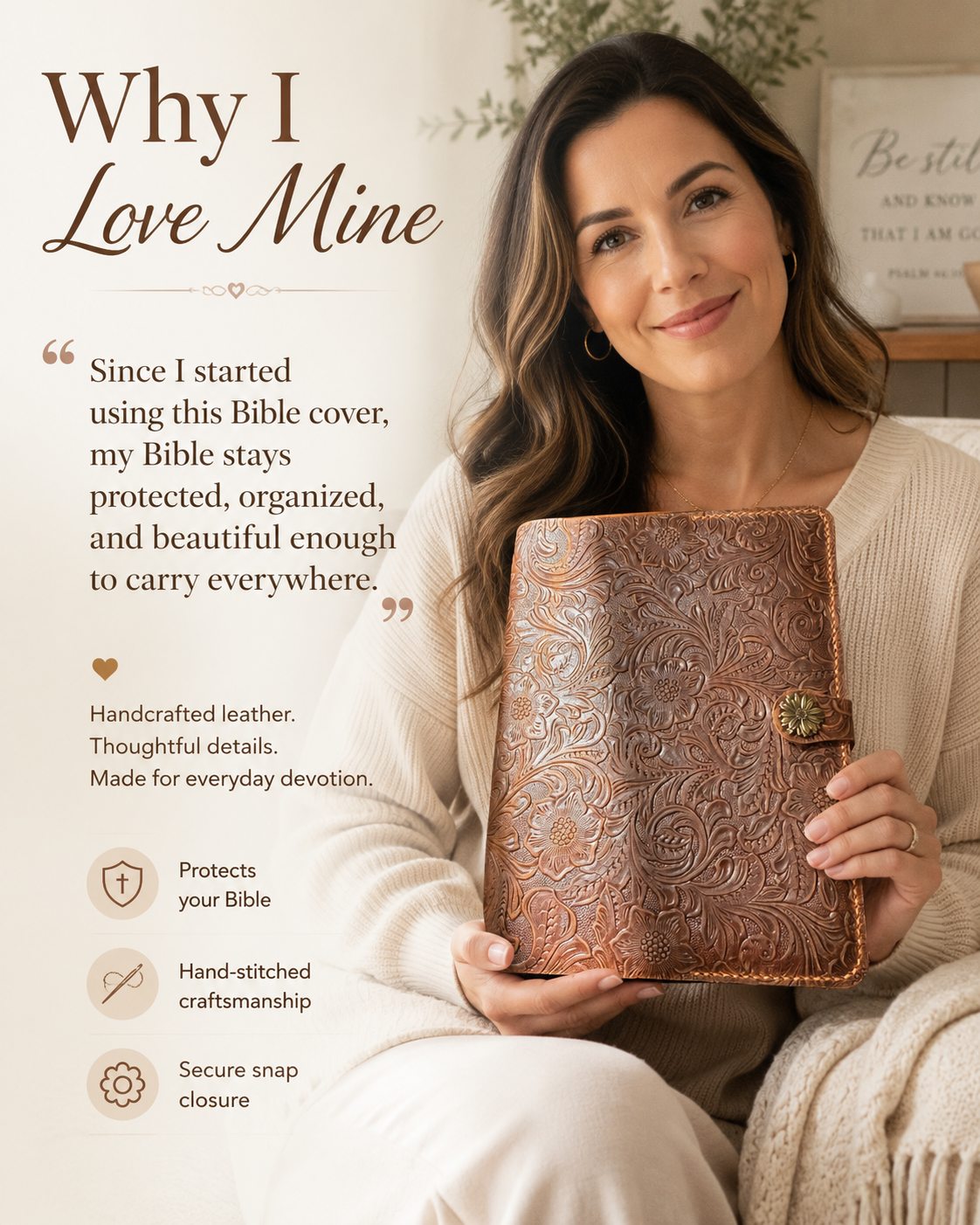 Black floral leather Bible cover, custom name engraving detail