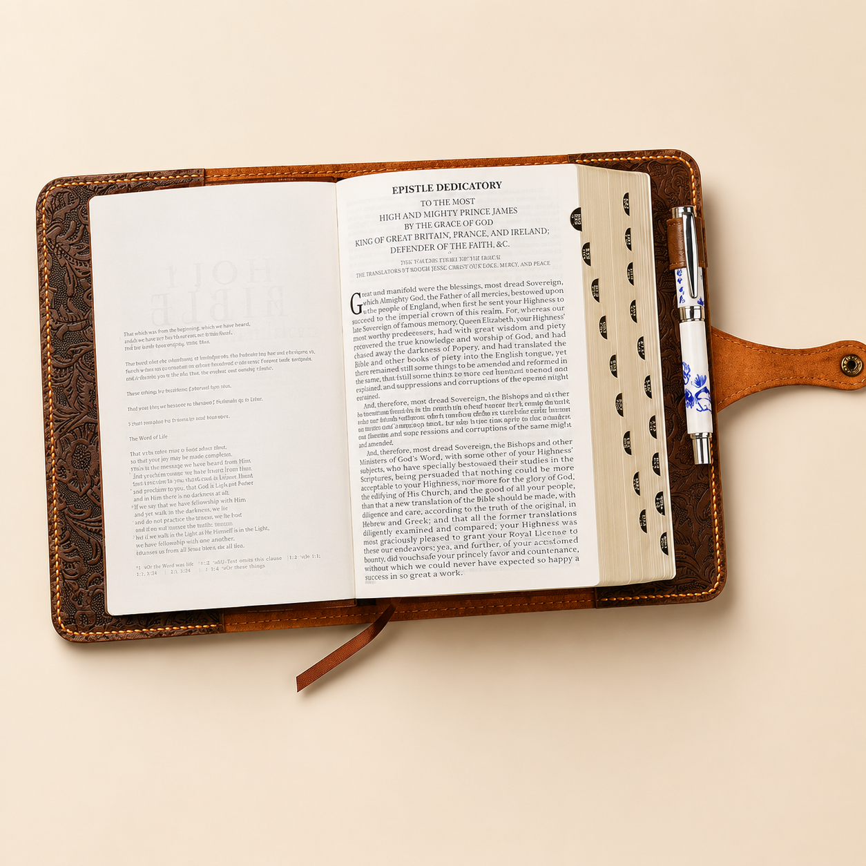 Floral embossed leather Bible cover shown closed, full-grain handcrafted