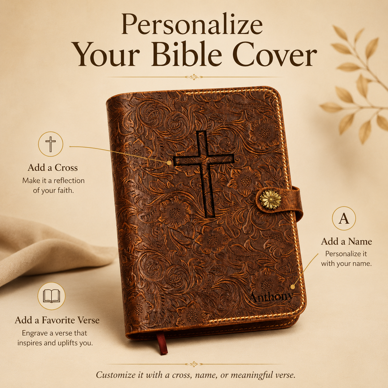 Close-up of floral embossing detail on a personalized leather Bible cover