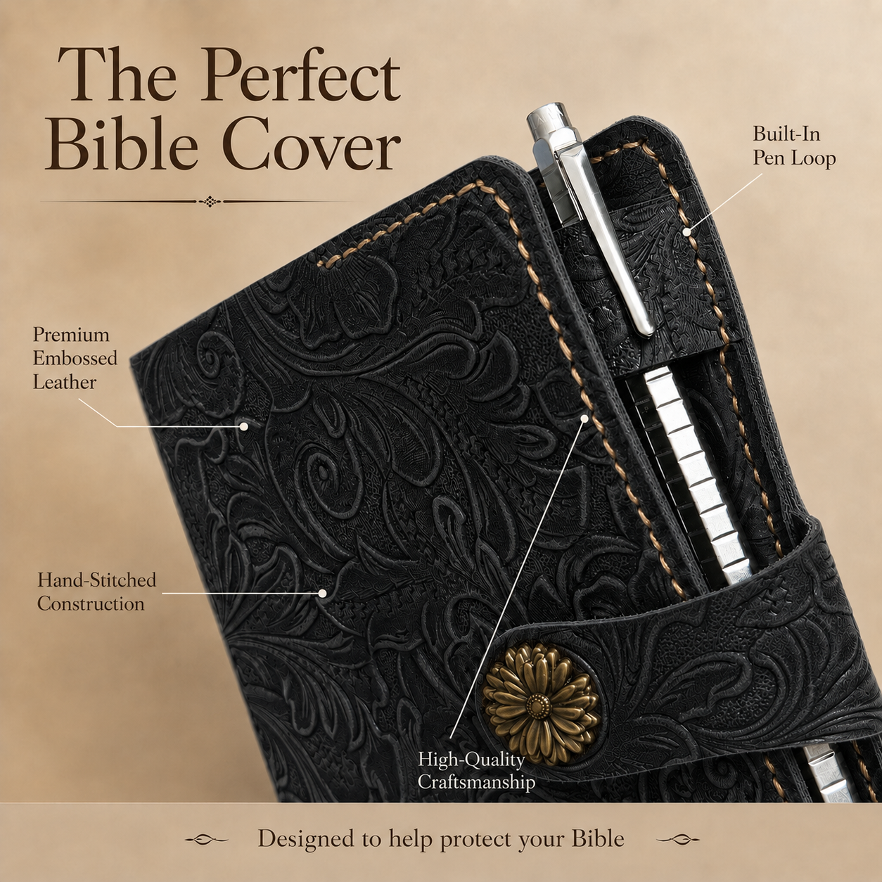 Black floral embossed leather Bible cover