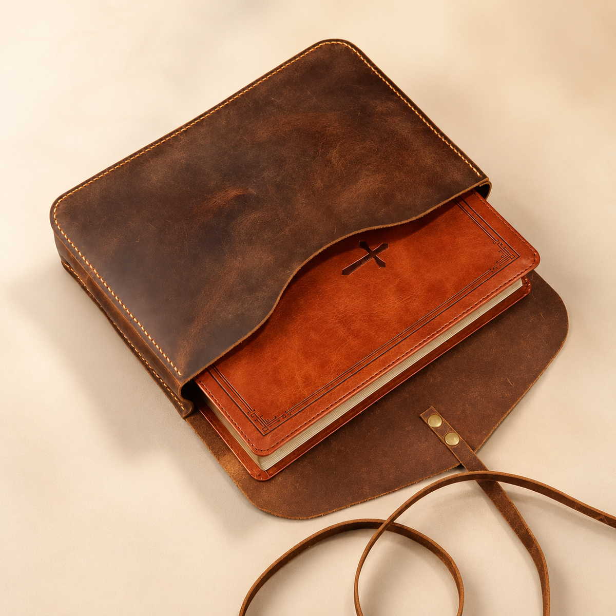 Personalized brown leather Bible cover with wrap-tie closure