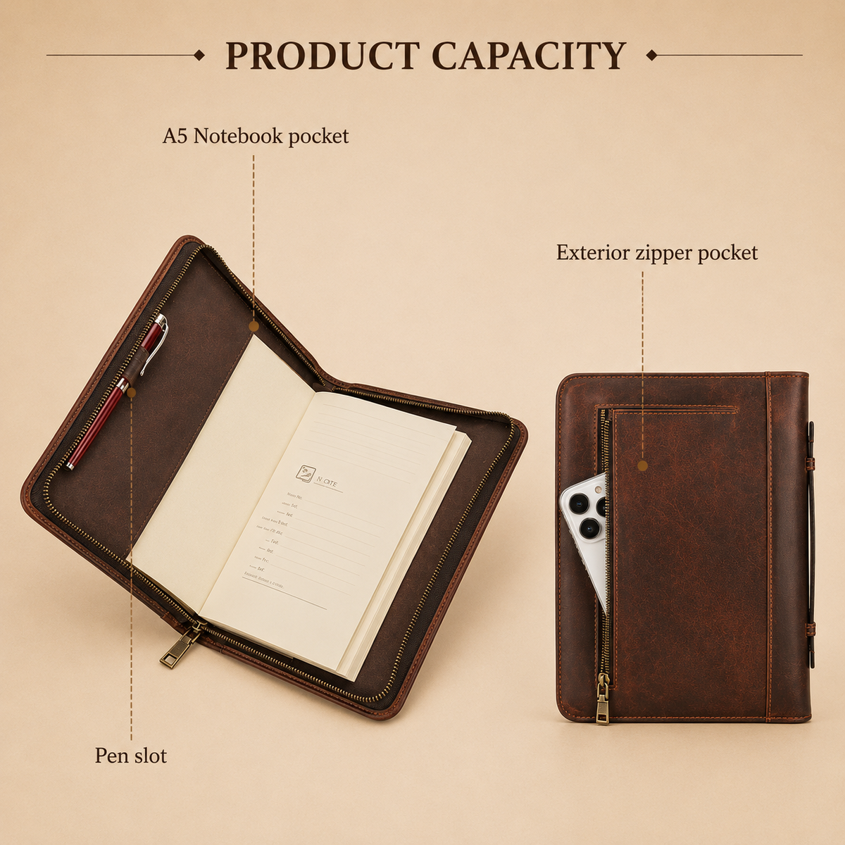 Leather Bible cover organizer with zipper, custom engraving and personalization