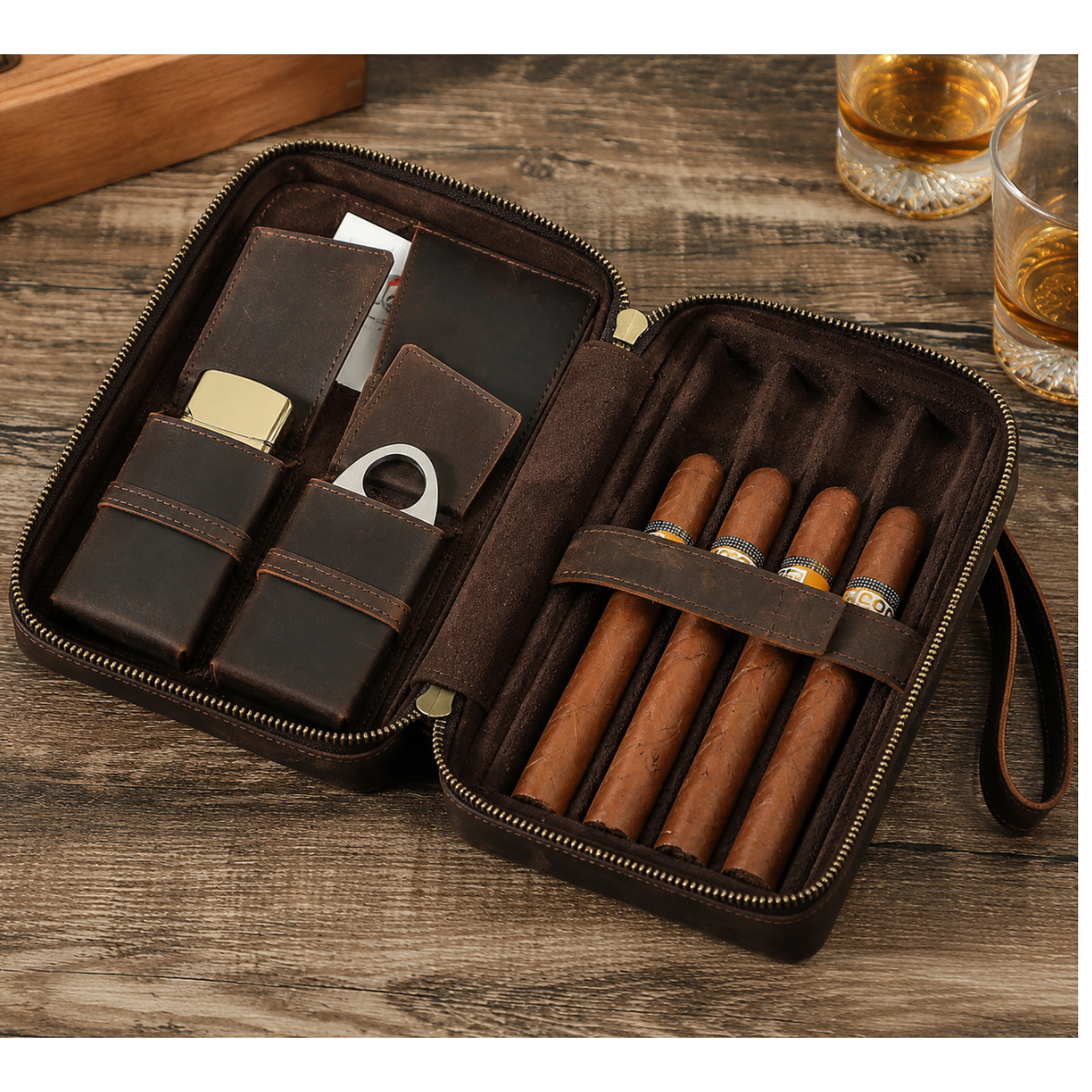 Leather cigar case shown open with lighter and cutter pockets