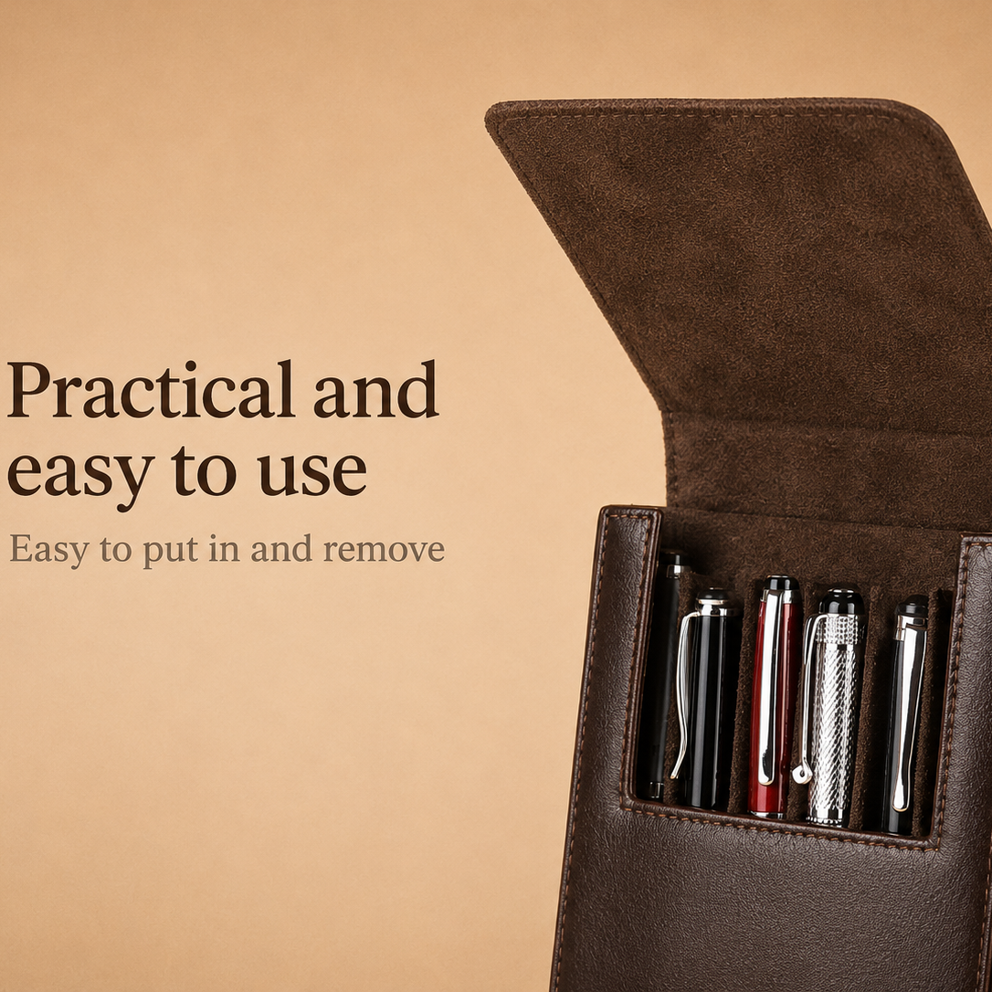 Leather pen case shown open with pen slots