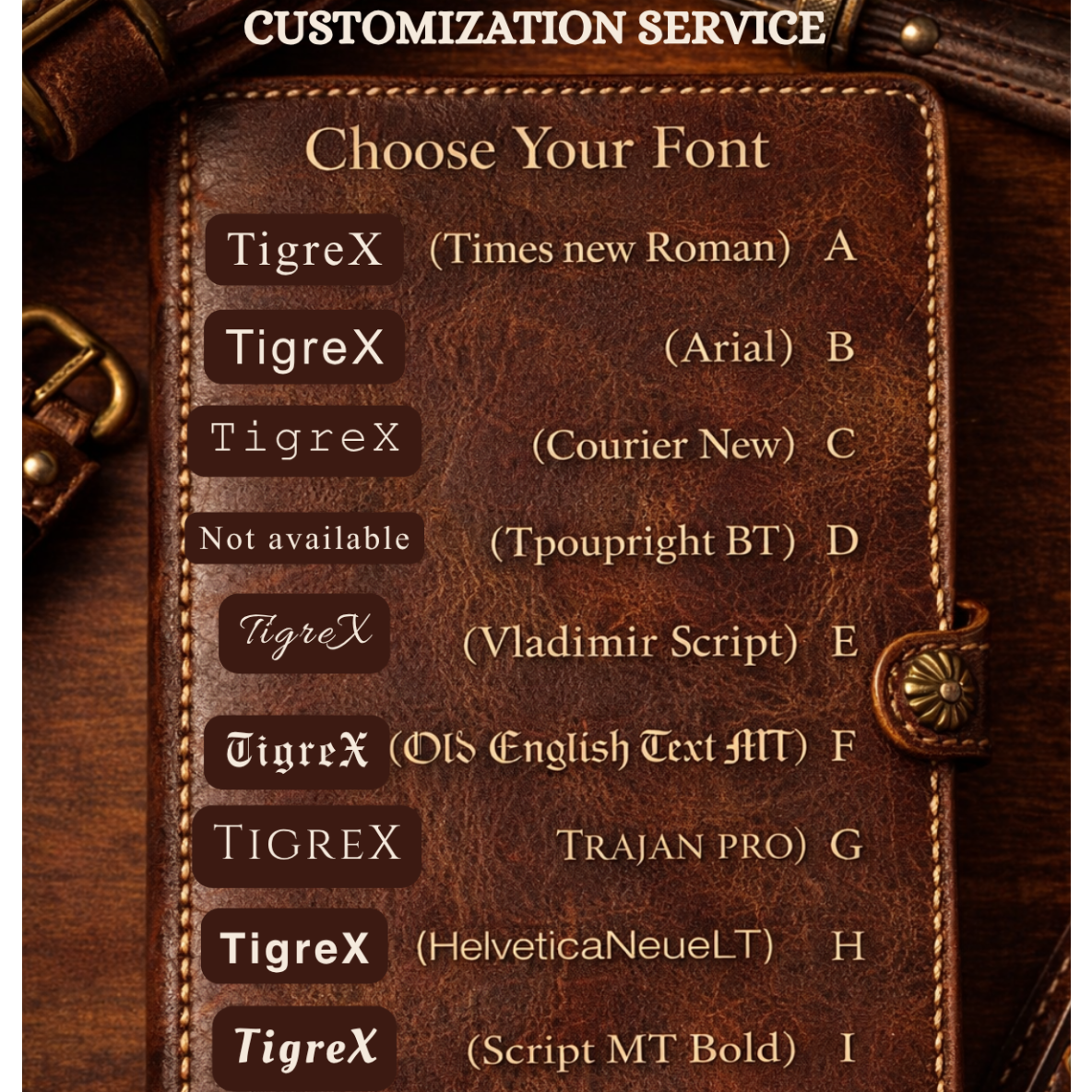 Leather-bound book with customization font options on a wooden surface