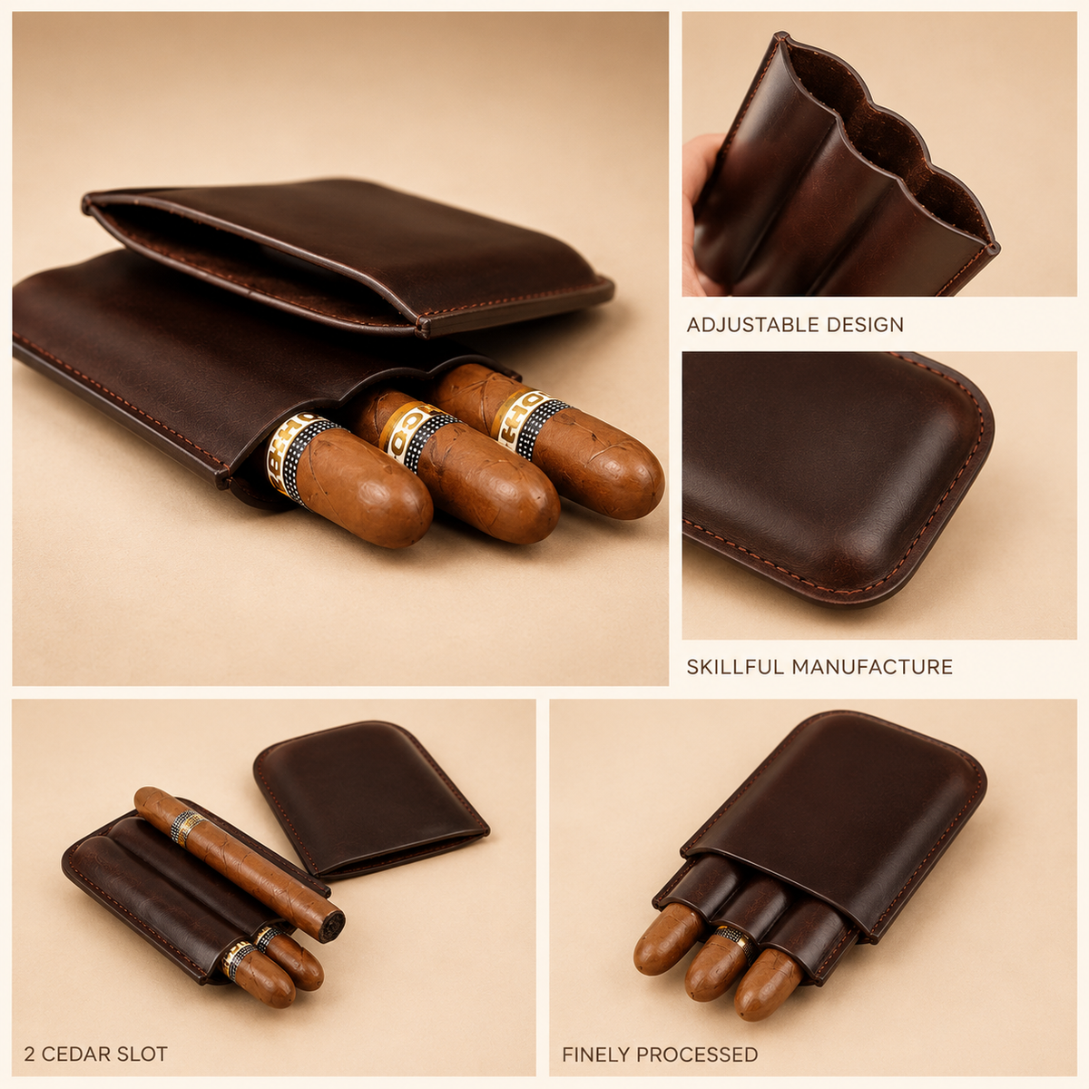 Leather Cigar Case with Cutter Slot – 3 Cigar Travel Holder, Full Grain Leather Humidor Tigre X Studio