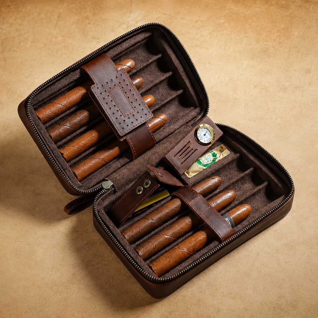 Leather cigar humidor for 7 cigars, shown closed
