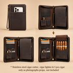 Leather Cigar Case Travel Humidor Pouch, Holds 5 Cigars with Lighter & Cutter Pocket Tigre X Studio
