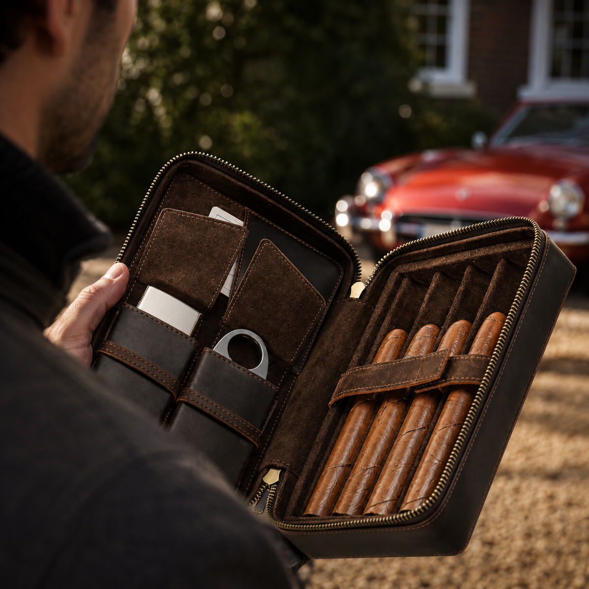 Cigar Travel Case - 4 Cigars, Lighter & Cutter Pocket, Humidor Pouch Tigre X Studio