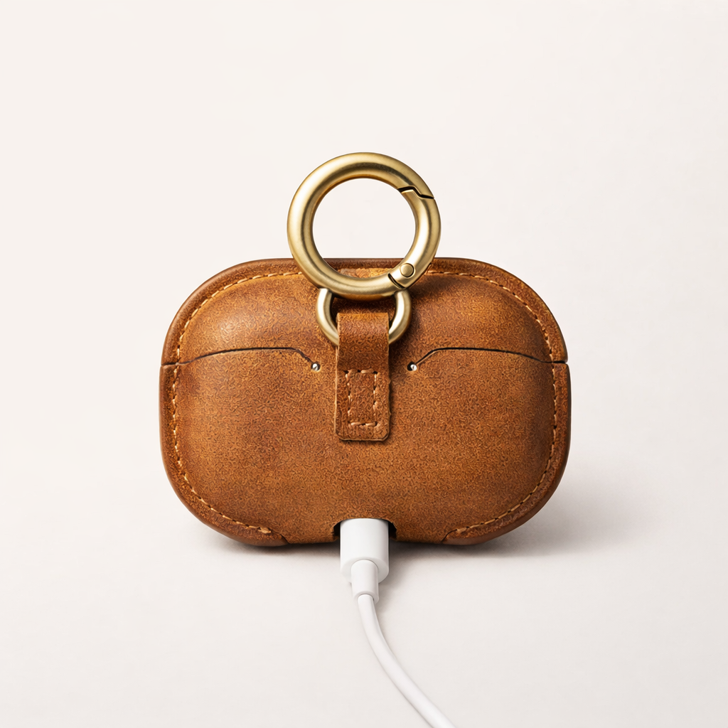 Close-up of Italian leather texture on an AirPods Pro (2nd Gen) case