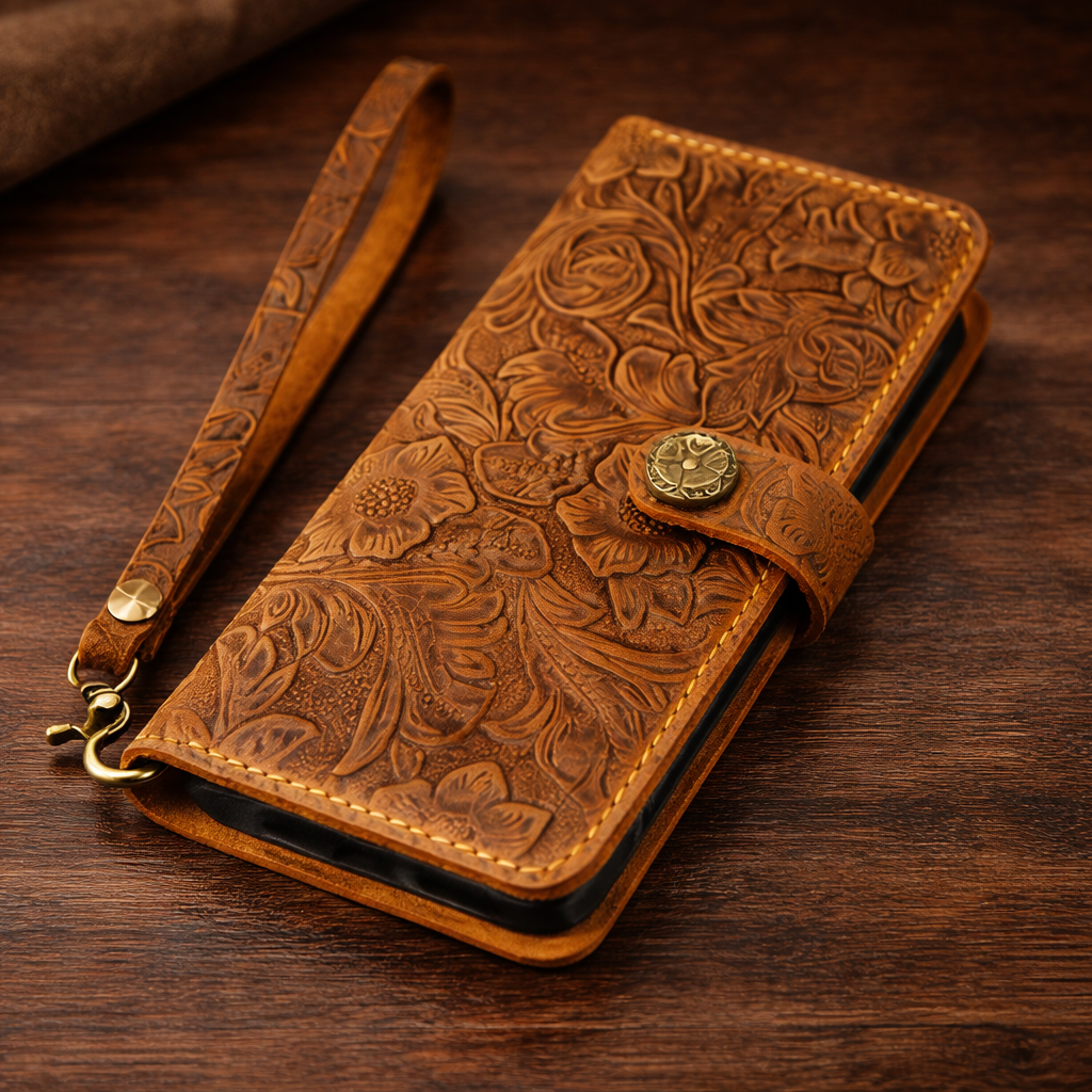 Floral leather iPhone wallet case shown open with card slots