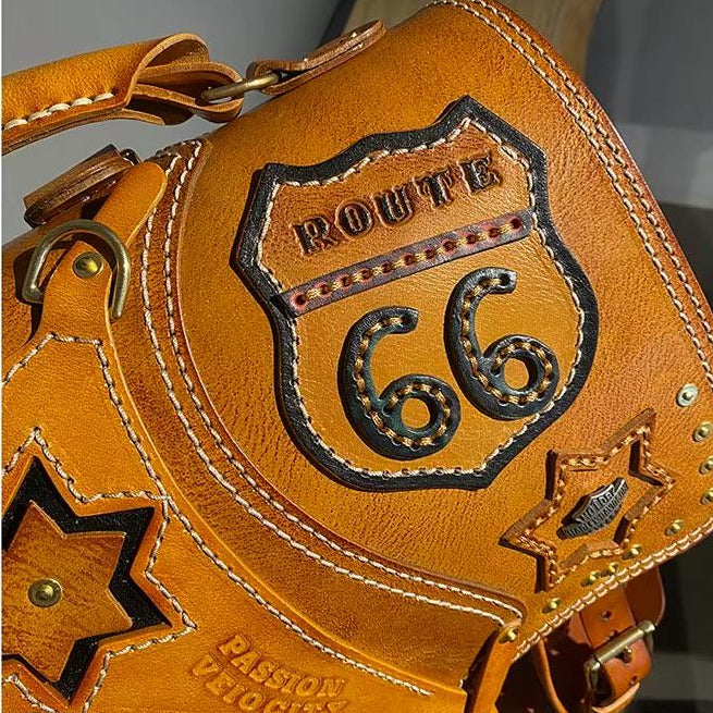 Leather biker backpack with Route 66 patch detail