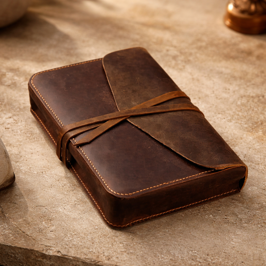 Personalized leather Bible cover with vintage wrap-tie closure, shown on a stone surface