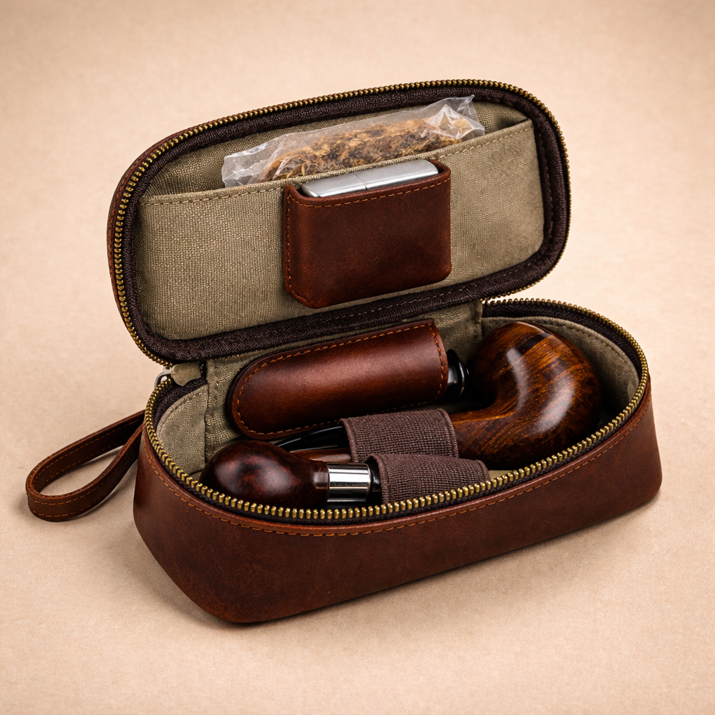 Full-Grain Leather Pipe Case – Travel Organizer for 2 Pipes with Accessories Tigre X Studio