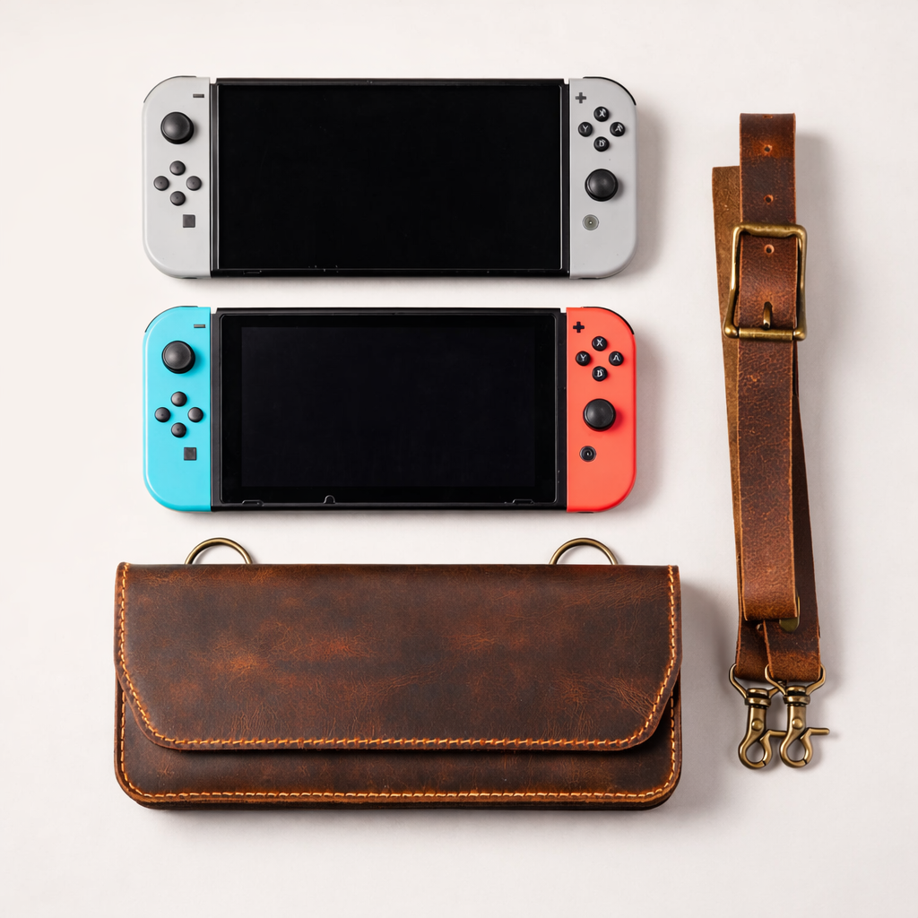 Leather Nintendo Switch case shown open with console inside