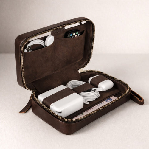 Leather Tech Organizer Personalized – Handcrafted Travel Case TigreX Leather Studio