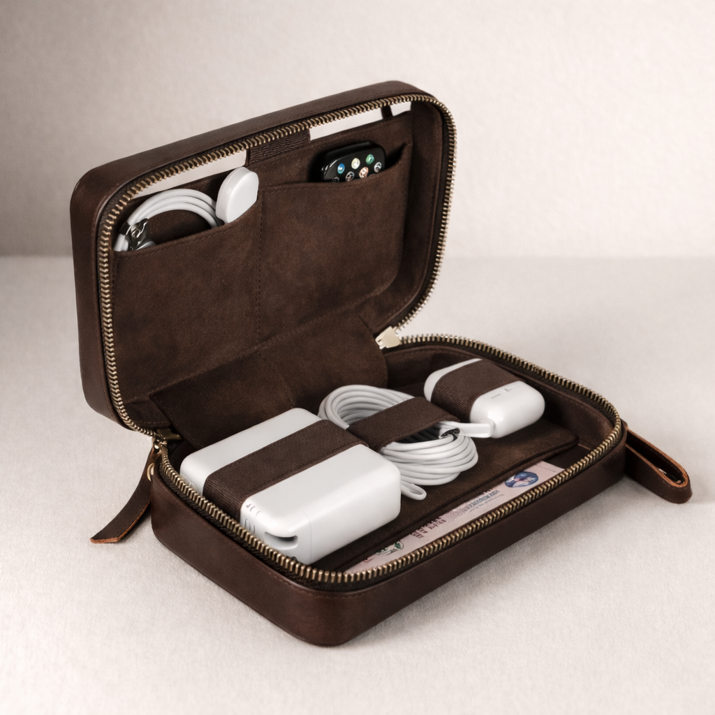 Personalized leather tech organizer shown open with electronic devices and cables