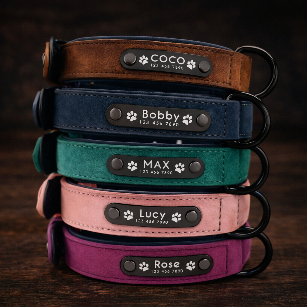 Personalized leather dog collar with laser engraved nameplate, padded, all sizes
