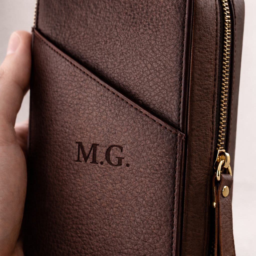 Personalized leather tech organizer with monogrammed initials