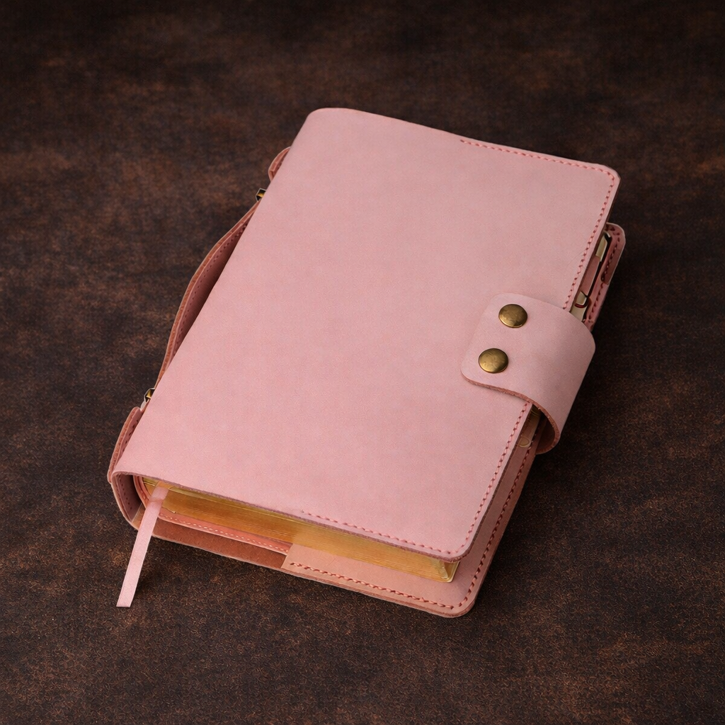 Personalized pink leather Bible cover for women, full-grain handcrafted Christian gift