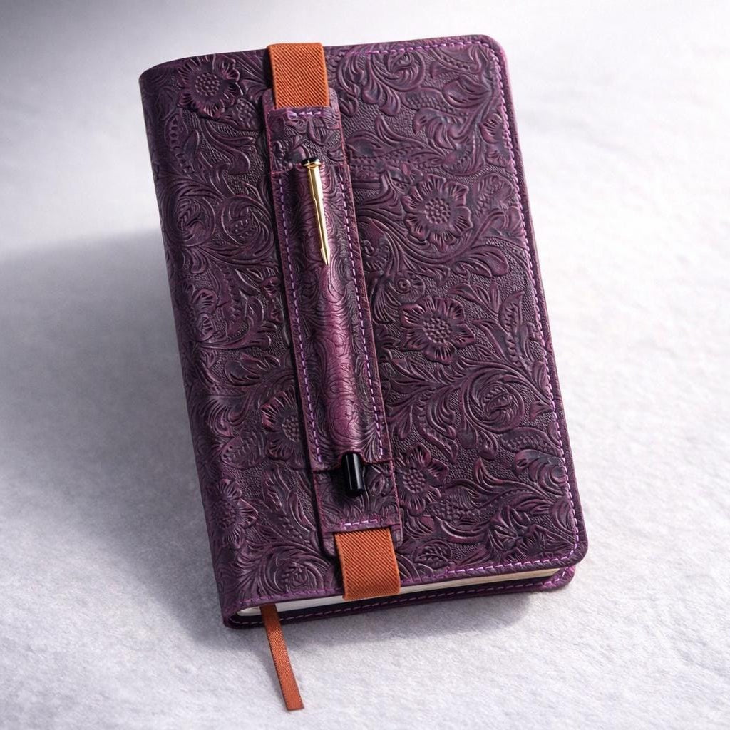 Purple leather Bible cover shown from the side, full-grain hand-stitched construction