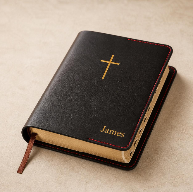 Close-up of cross engraving on a full-grain leather Bible cover