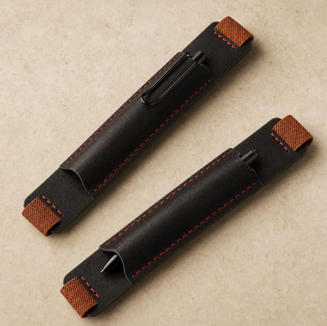 Full-grain leather Bible cover with custom name and cross engraving, styled on a table