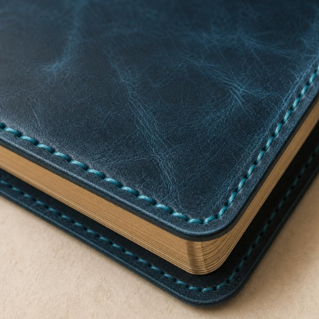 Close-up of cross engraving detail on a blue leather Bible cover