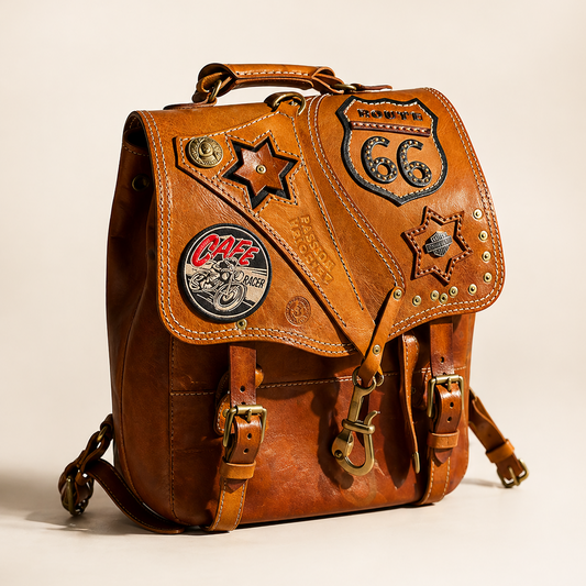 Brown leather backpack with Route 66 and star design on a beige background