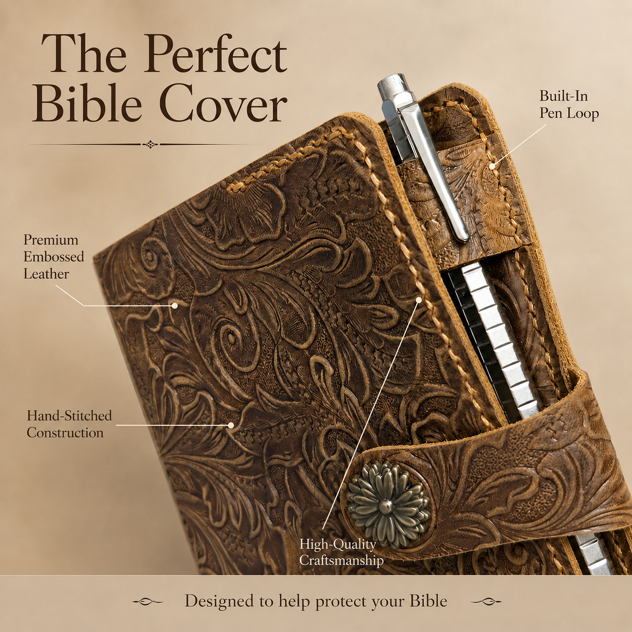 Floral embossed leather Bible cover, full-grain, personalized with custom name