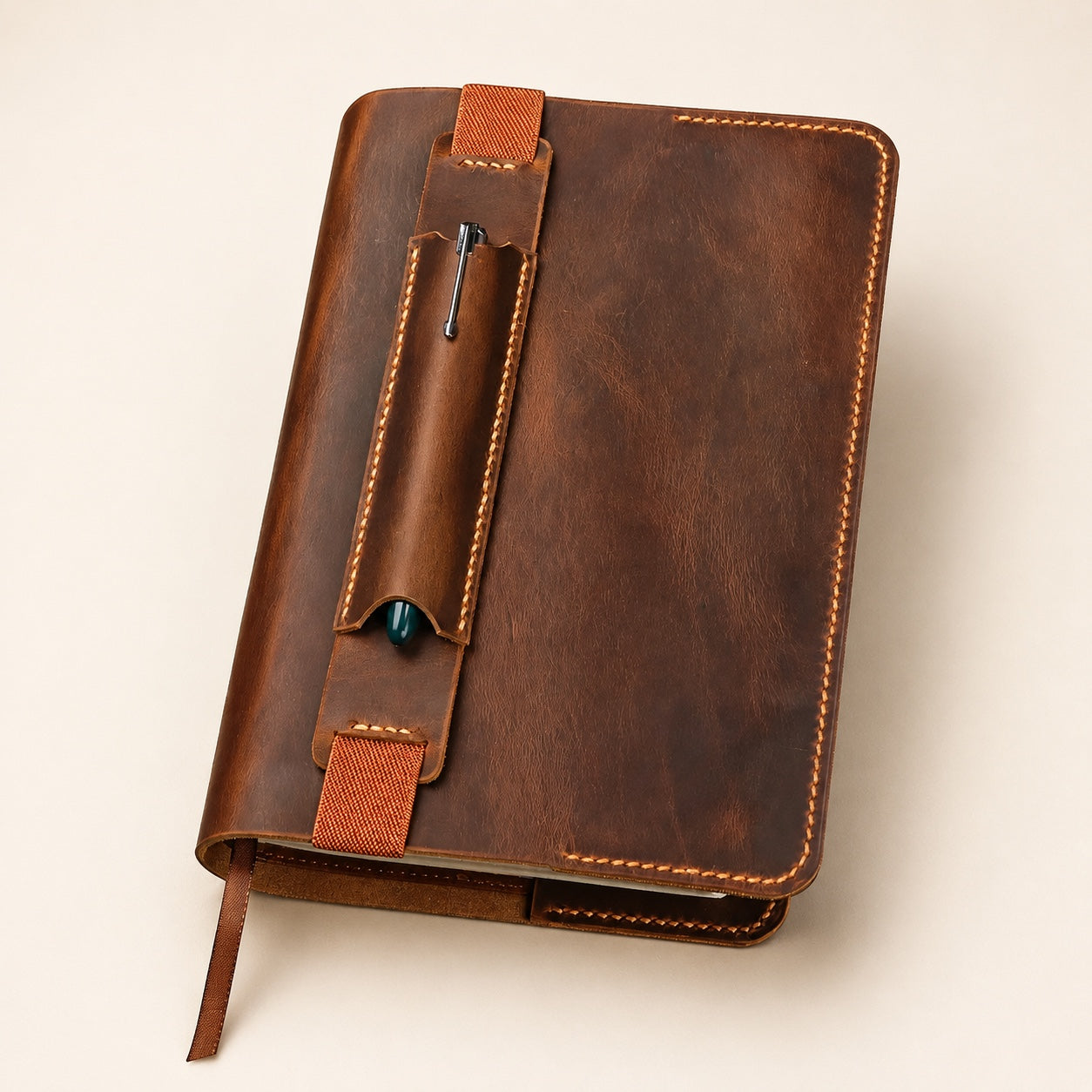 Personalized Leather Bible Cover – Full-Grain with Pen Sleeve, Custom Engraved