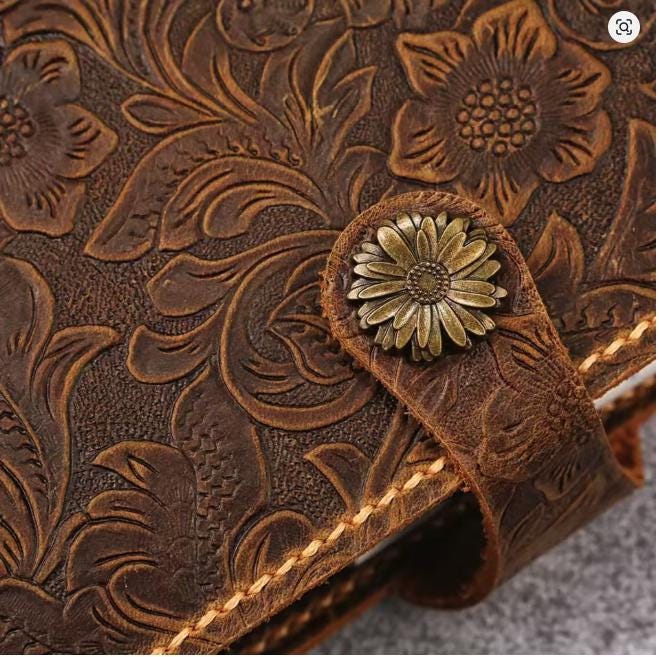 Floral embossed leather Bible cover, custom detail view
